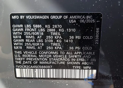 2025 Volkswagen Atlas 2.0T Peak Edition из США, поврежденный, VIN 1V2CR2CA4SC566097